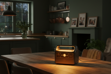 best portable power station for home backup glowing in a cozy living room