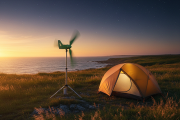 best portable wind turbine for camping on coastal meadow at dusk